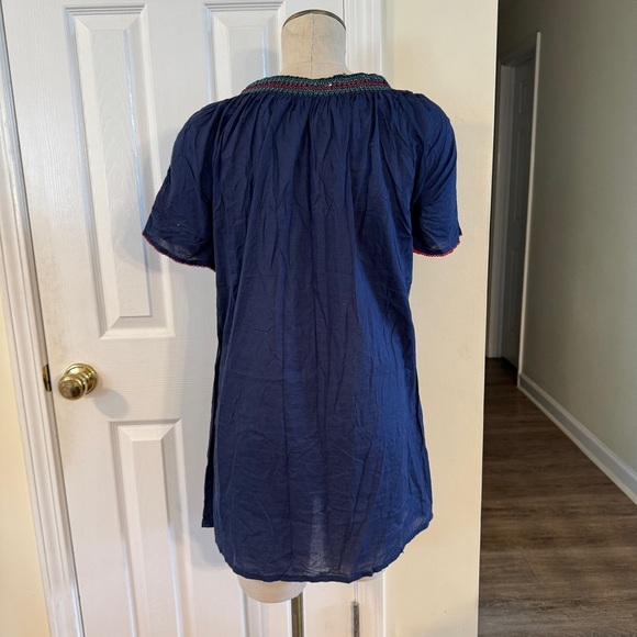 Royal Moda Embroidered Mexican Peasant Tunic Dress Navy Boho Floral Bird Sz L - Picture 3 of 8